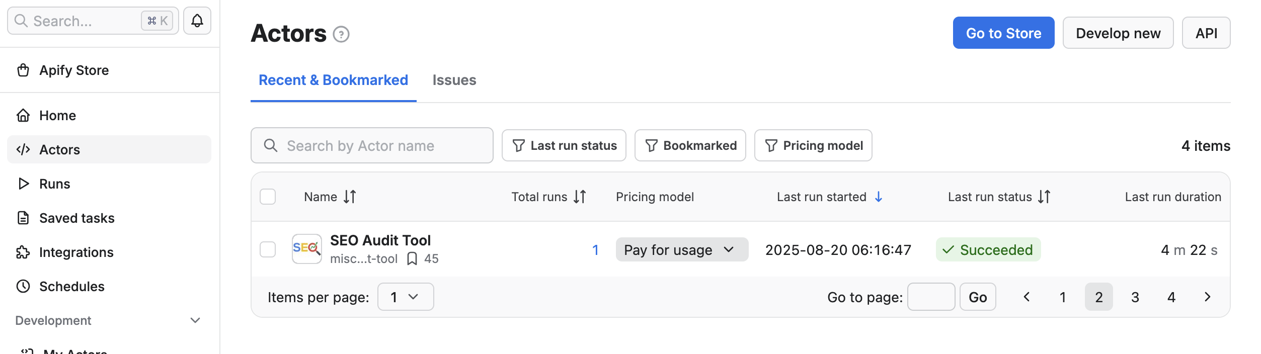 The &quot;Actors&quot; tab on the Apify platform