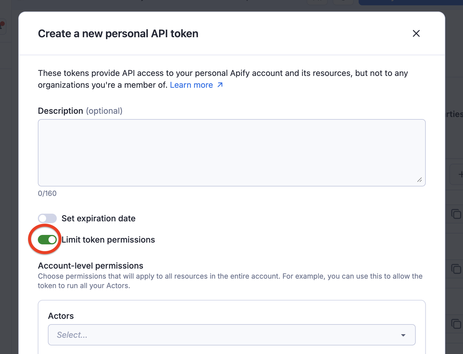Toggle &quot;Limit token permissions&quot; to make a token scoped